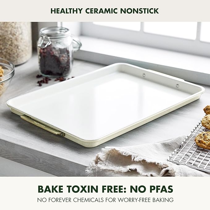 GreenPan Bakeware 13"x18" Half Baking Sheet Pan, Ceramic Nonstick Baking Pan, PFAS & BPA Free, Gold Handles, Durable Steel, Versatile & Space Saving Ovenware, Freezer to Oven Dish, Cream