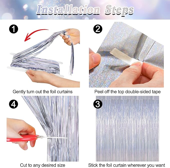 2 Pack Silver Metallic Tinsel Foil Curtains, 3.28 FT x 7.05 FT Glitter Silver Fringe Curtains, New Year Door Streamer Tinsel Backdrop Photo Booth for NYE Party Birthday Engagement Party Decorations