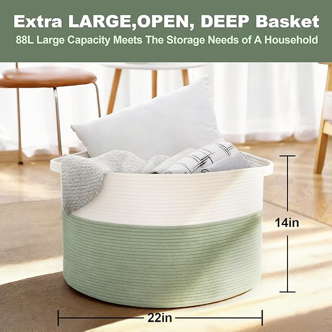 MEGASKET Extra Large Blanket Basket, 22" X 22" X 14" Kids Dog Toy Storage Bin Box, Nursery Baby Toddler Toy Organizer, Soft Cotton Rope Woven Bin, Large Basket for Blankets for Living Room, Green