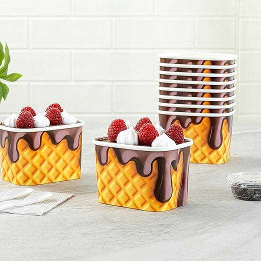 Restaurantware Paper Cups 200 Count 12 Ounce Square Disposable Ice Cream Containers, Leak-Resistant Paper Dessert To Go Cups, Hot And Cold Food, Durable Chocolate Drizzle Design