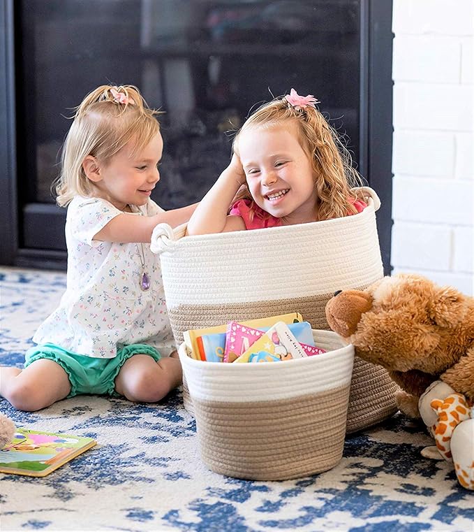 Little Hippo 2pc Large Cotton Rope Basket, White (16"x15") 100% Natural Cotton! Laundry Basket, Woven Storage Basket, Blanket Basket Living Room, Toy Storage Basket, Pillow Basket, Round Basket