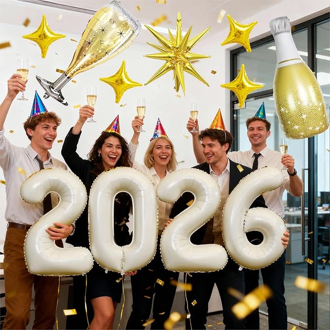 Cream White 2026 Balloons, 40 Inch Number 2026 Nude White Foil Balloons Gold Star Balloon Champagne Bottle Glass Balloon for Happy New Years Eve Party Supplies 2026 Class of 2026 Graduation Decoration