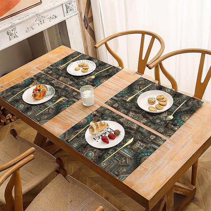 Table Mats Set of 8, Retro Metal Fixtures Heat Resistant Placemats Baroque Style Washable Non-Slip Place Mats Table for Kitchen Dinning Restaurant Decor 18"X12", Bronze