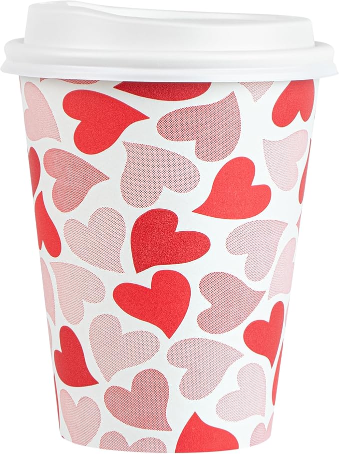 Restaurantware-Restpresso 12 Ounce Disposable Coffee Cups, 20 Valentine’s Day Cups With Plastic Lids - Red And Pink Heart Print, Rolled Rim, Paper To Go Cups, Single Wall, Serve Hot And Cold Drinks