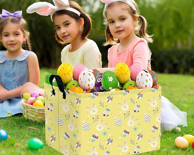 Large Rectangular Easter Baskets Empty Waterproof Boy Toy Box Foldable Kid's Gifts Storage Bin Spring Room Decor(Gift Box Rabbit Egg)
