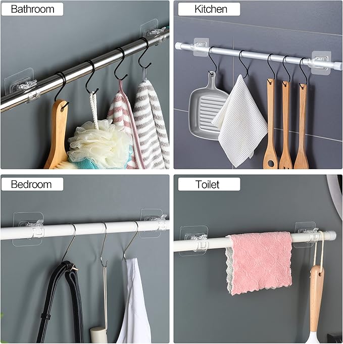 Codoule Self Adhesive No Drill Adjustable Curtain Rod Holder Hooks Brackets, Nail Free, No Drilling Hangers for Bathroom, Kitchen, Home, Bathroom and Hotel, Transparent, 8PCS