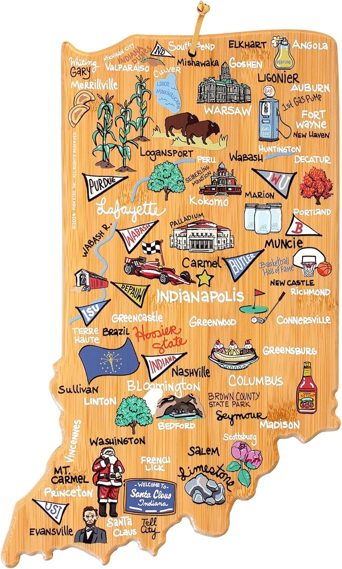 Totally Bamboo Indiana State Shaped Cutting Board and Charcuterie Serving Platter with Artwork by Fish Kiss, Includes Hang Tie for Wall Display