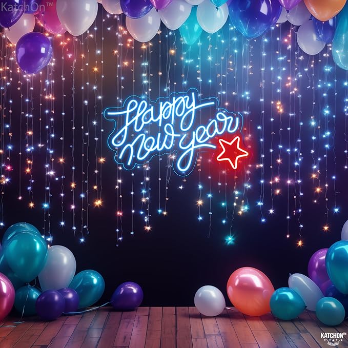 KatchOn, Blue Happy New Year LED Sign - 16x10 Inch | Happy New Year Neon Sign | Happy New Year Lighted Sign for New Years Eve Party Supplies 2026 | Happy New Year Light Up Sign for New Years Decorations 2026