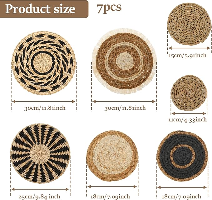 7 Pcs Round Bohemian Woven Wall Basket Decor Rustic Handmade Woven Wall Decor for Home Farmhouse Kitchen Table Living Room Party