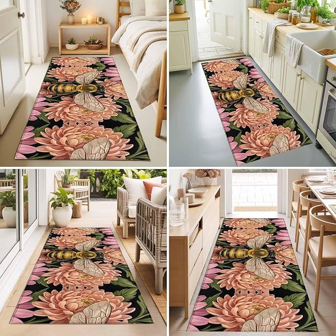 Runner Rug for Bedroom Hallway, Vintage Honey Gold Bee Pink Flowers Kitchen Runner Rugs Area Rug 2x6ft, Sage Green Leaves Washable Soft Floor Carpet for Entryway Stair