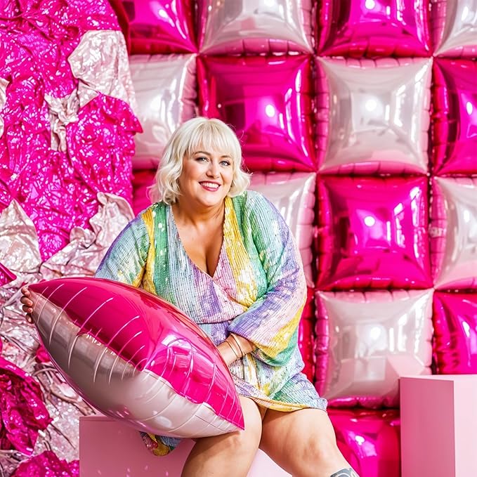 Hot Pink Square Foil Balloon Wall,25Pcs Double Sided Balloons Backdrop Foil Balloon Tunnel Arch Garland Kit for Valentine's Day Birthday Bridal Anniversary Baby Shower Party Decorations