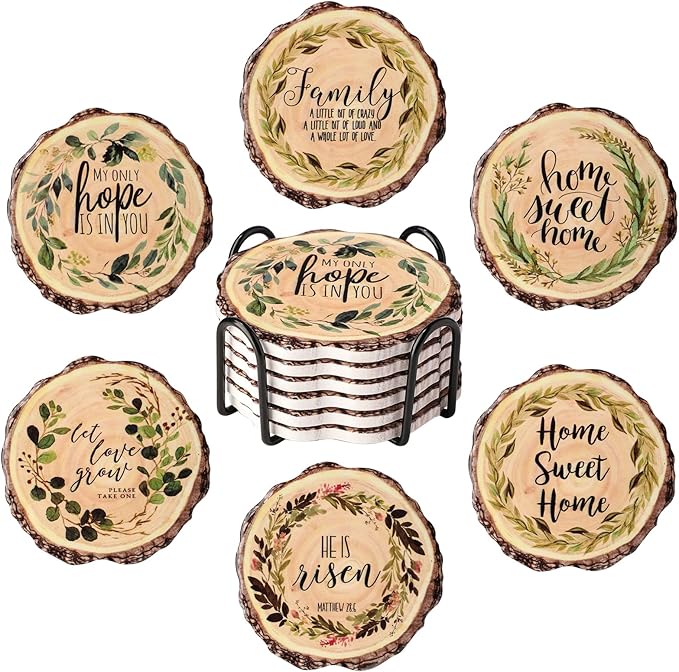 Ceramic Coasters Set of 6,Absorbent Coasters with Holder,Drink Coasters for Home Bar Kitchen Outdoor 4.32 Inches