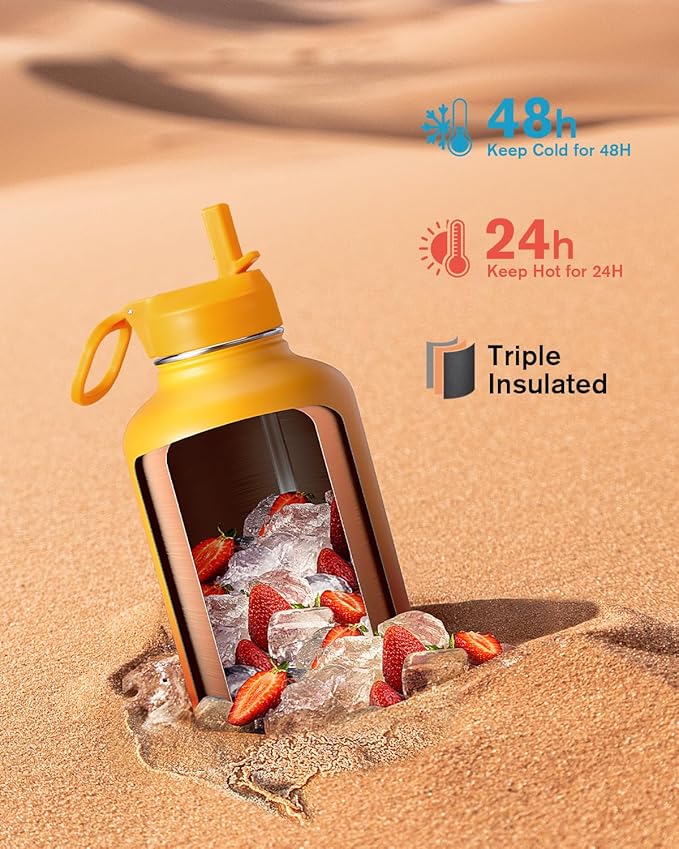 Half Gallon Water Bottle Insulated with Straw & 3 Lids, Coolflask 64 oz Water Jug Large Metal Stainless Steel Wide Mouth for Sports, Gym or Office, Non-BPA Keep Cold 48H Hot 24H, Ombre Yellow/Orange