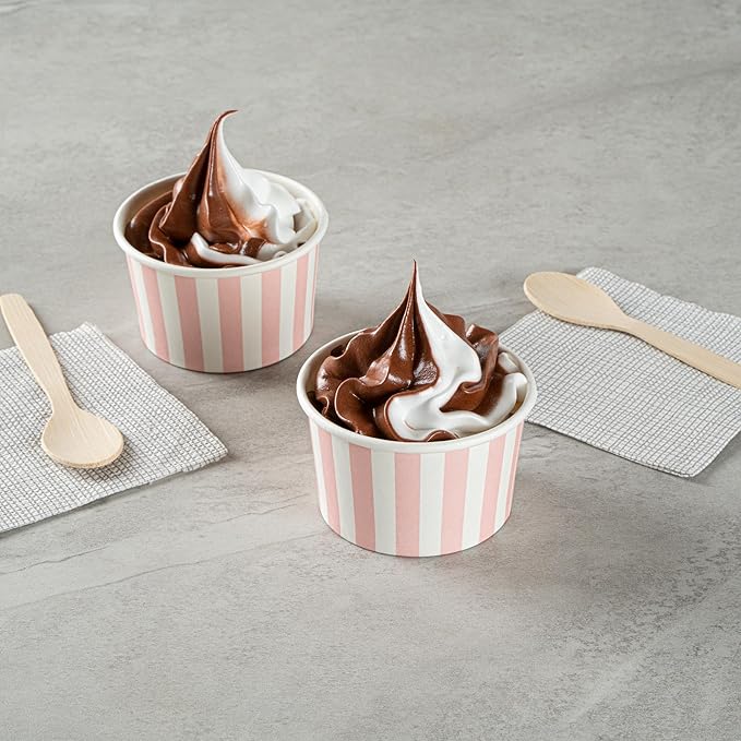 Coppetta 3-Ounce Dessert Cups, 200 Disposable Ice Cream Cups - Lids Sold Separately, Striped, Pink And White Paper FroYo Bowls, For Hot And Cold Foods, Perfect For Gelato Or Mousse - Restaurantware