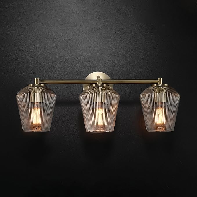 GLOBE Electric 63000063 5-Piece All-in-One Bathroom Set, Matte Brass Finish, 3-Light Vanity Light, Glass Shades, Towel Bar, Toilet Paper Holder, Towel Ring, Robe Hook, Bathroom Lights Over Mirror