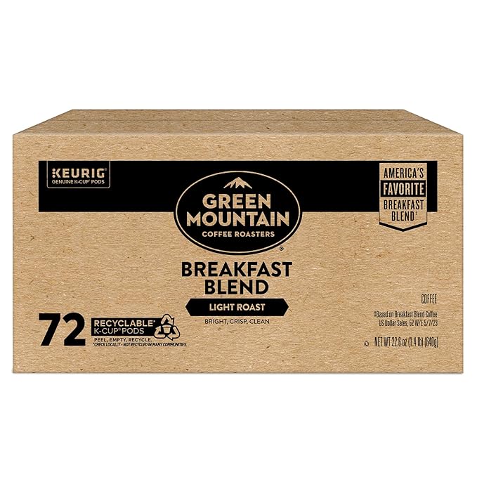 Green Mountain Coffee Roasters Breakfast Blend, Single-Serve Keurig K-Cup Pods, Light Roast Coffee Pods, 72 Count