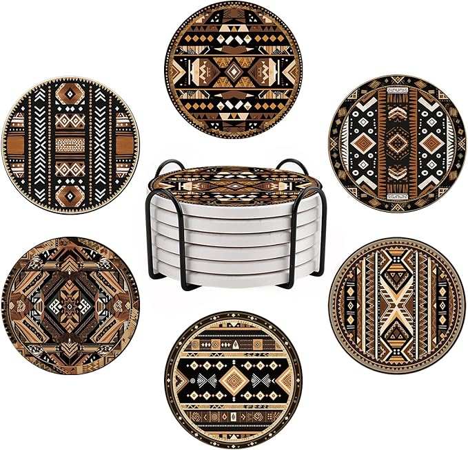 Drink Coasters Set of 6, Western Ceramic Stone Coasters, Western Home Decor, with Cork Base and Metal Holder, Absorbent Round Non-Slip Drink Coffee Bar Decor Mug Cup Coaster
