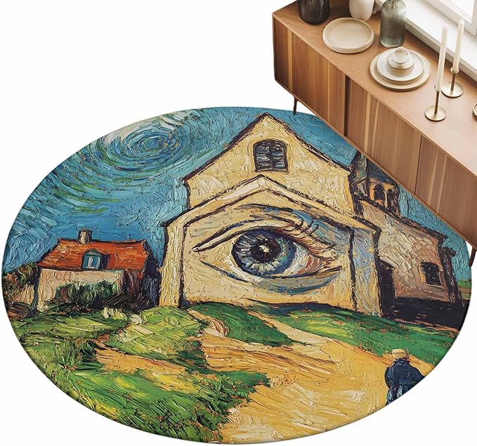 Washable Round Area Rug Abstract Farmhouse Starry Night Eye Circle Rugs Floor Carpet for Living Room Bedroom, Rustic Oil Painting Art Soft Non Slip Round Rug 3ft