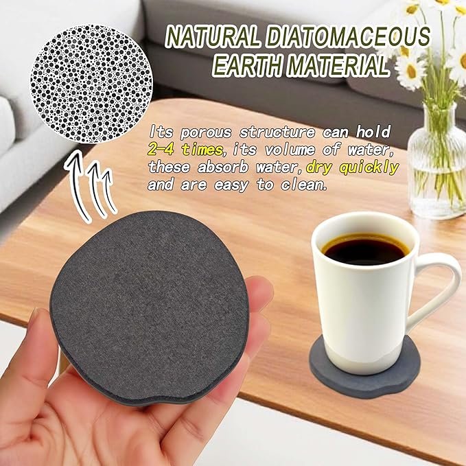 Diatomite Coasters Set of 4 | Absorbent Coasters for Drinks Cute Modern Unique Aesthetic Stone Coaster for Desks, Instant Drying, with 16 Removable Scratch Protection Pads - Dark Grey
