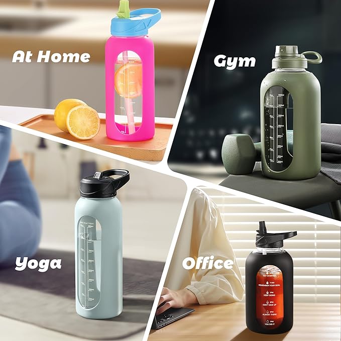 CIVAGO 24 oz Glass Water Bottle with Straw and Handle, Large Sports Motivational Water Bottle Flask with Time Marker and 2 Lids, Leakproof Jug Canteen with Silicone Sleeve for Gym, Army Green