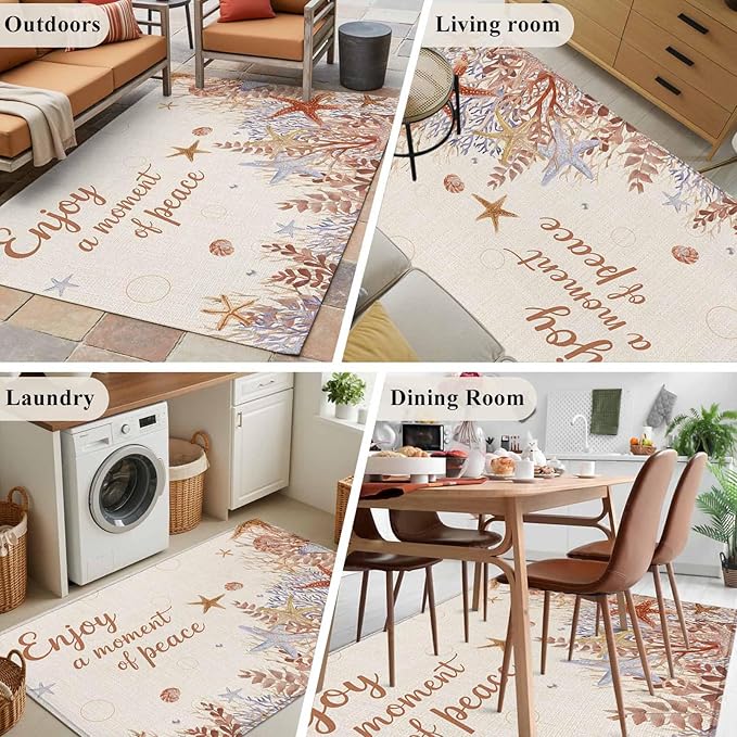 Area Rug 3x5ft, Orange Marine Starfish Coral Seaweed Washable Rugs for Living Room Bedroom, Peace Quote on Linen Soft Non-Slip Area Rugs Rectangle Floor Carpet for Dining Room