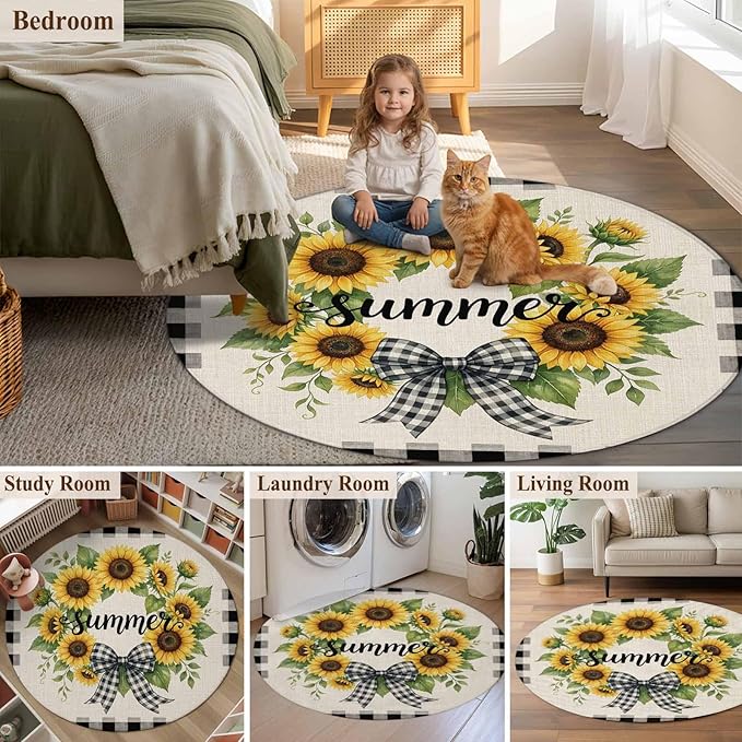 Washable Round Area Rug Summer Words Farm Sunflowers Circle Rugs Floor Carpet for Living Room Bedroom, Butterflies Country Floral Soft Non Slip Round Rug 3ft
