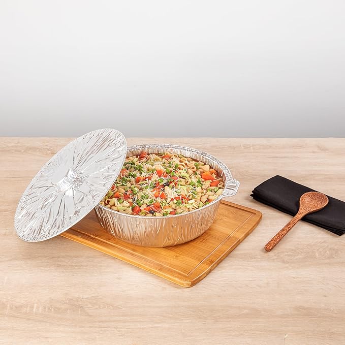 Foil Lux 8.5 Quart Pans And Lids, 10 Disposable Pots With Lids - Oven-Ready, Stove Compatible, Aluminum Foil Baking Pans, Freezable, For Outdoor Camping, Vacation, Picnic, And More - Restaurantware