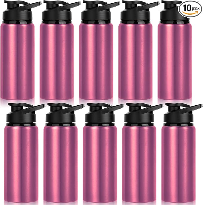 10 Pack Water Bottles Bulk, 20oz Sports Aluminum Water Bottle with Snap Lids Metal Reusable Leak proof Personalized Bottle for Travel Camping Gym Hiking Fishing (Pink)