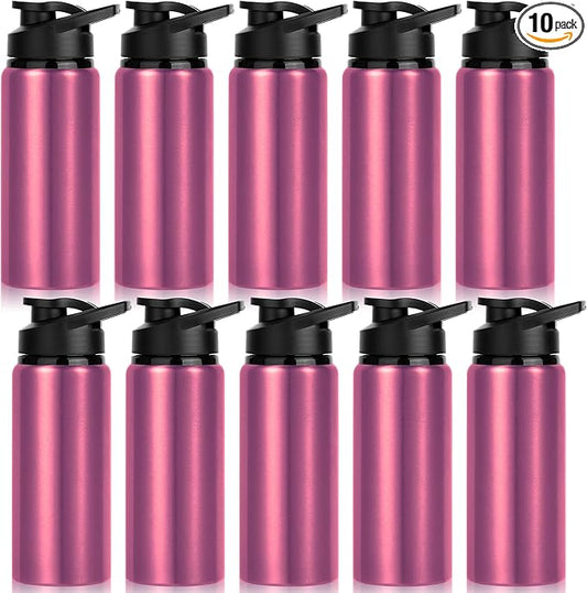 10 Pack Water Bottles Bulk, 20oz Sports Aluminum Water Bottle with Snap Lids Metal Reusable Leak proof Personalized Bottle for Travel Camping Gym Hiking Fishing (Pink)