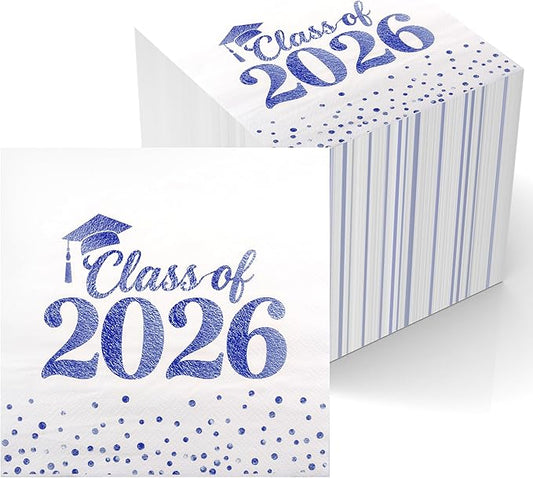 Graduation Napkins - Class of 2026 Napkins Disposable Paper Napkins Congrats Grad Cocktail Napkins Graduation Decorations 2026 Blue Napkins Hand Towels for College Graduation Party Decorations 100 Pcs