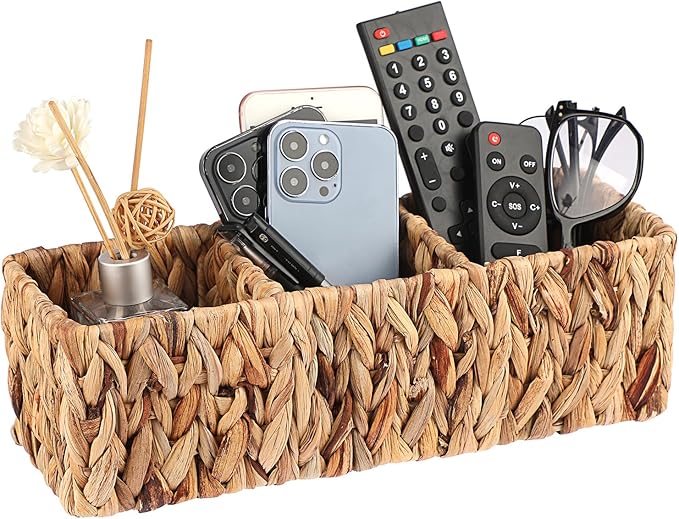 BTSKY Handwoven Remote Control Holder for Table, Natural Water Hyacinth Remote Control Caddy Small Wicker Storage Basket, 3-Compartment Office Supplies Desk Organizer Rustic Makeup Brushes Holder