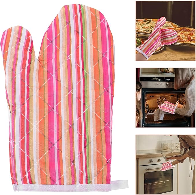 Heat Resistant Oven Mitt 26Cm Thickened Baking Glove with Colorful Stripe Pattern, Anti-Scald Grill Glove for Kitchen Cooking and Barbecue, Single Piece