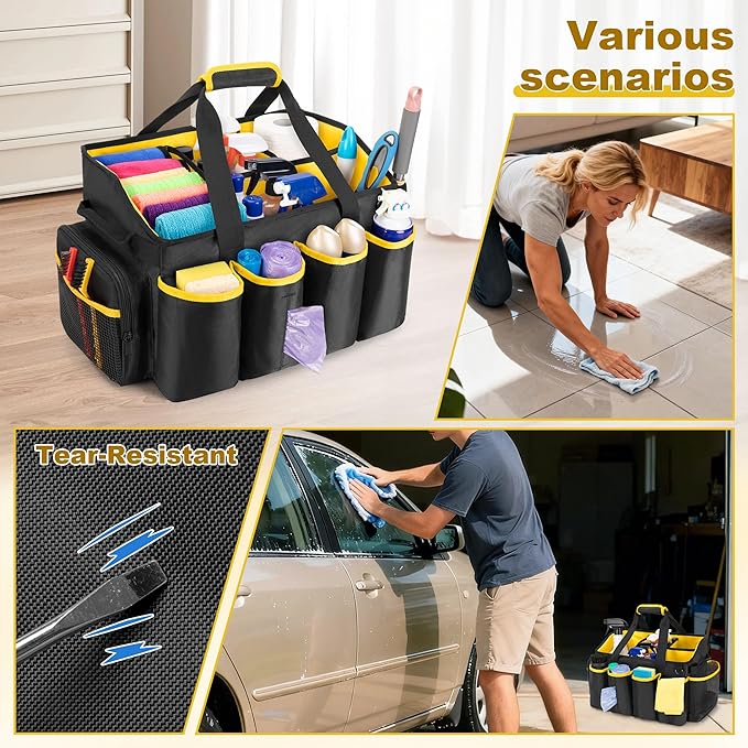 PGmoon Extra-Large Cleaning Caddy Organizer with Handle, Cleaning Supplies Tote Bag Built-in Support Boards, Cleaning Tool Organizer for Cleaners, Housekeepers, Kitchen Cleaning Supplies