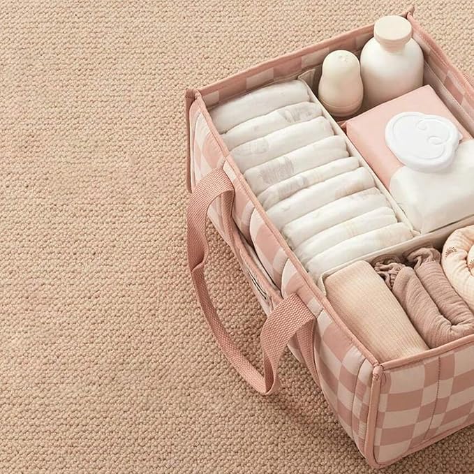 Quilted Fabric Storage Basket Floral Baby Diaper Caddy Quilted Basket for Nursery Bedroom Car Storage (L- Pink Plaid)