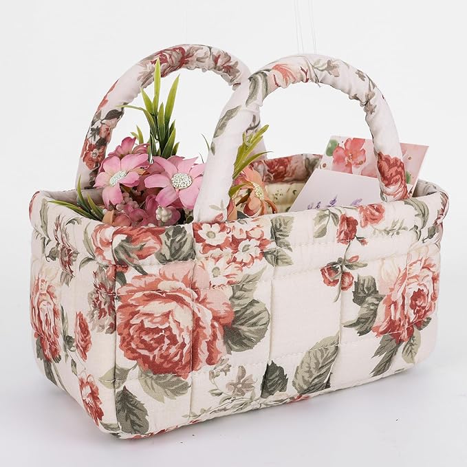 Quilted Fabric Storage Basket Floral Baby Diaper Caddy Quilted Basket for Nursery Bedroom Car Storage