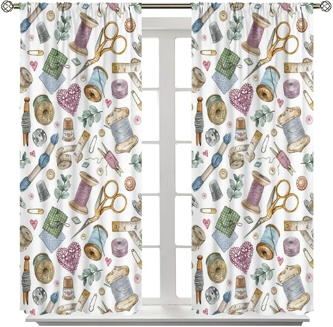 Sewing Mashine Window Curtain,Vintage Style Sewing Tool Needle Thread Watercolor Blackout Curtains for Bedroom Cafe Dining Room Office Living Room Kitchen Drapes, 84x84 in