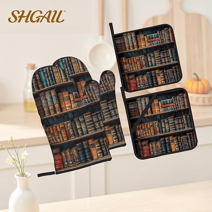 Vintage Books Oven Mitts and Heat Resistant Pads - Heat Resistant Gloves Potholder Set of 4 for Cooking, BBQ, Gifts for Women