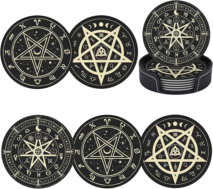 Celtic Wiccan Magic Pentagrams Leather Drinks Coasters with Holder, Set of 6, Suitable for Various Cups