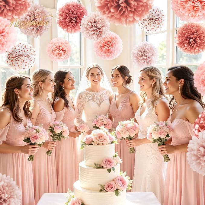 NICROLANDEE Wedding Decorations - 12 PCS Rose Gold Tissue Paper Pom Poms for Engagement Party Wedding Birthday Bridal Shower Bachelorette Baby Shower Ceiling Valentine's Day Party Backdrop Decor