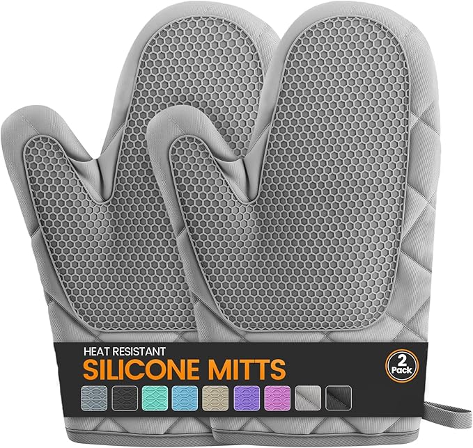 Silicone Oven Mitts, Heat Resistant 2PCS Oven Mitts with Soft Cotton Lining, Waterproof Non-Slip Grip Oven Glove, Kitchen Potholder Mits for BBQ, Baking, Cooking, 10.5Inch - Dark Grey