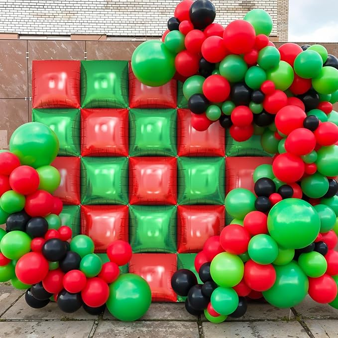 Red Green Square Foil Balloon Wall,25Pcs Double Sided Balloon Backdrop Helium Balloons Tunnel Arch Garland Kit for Christmas Birthday Anniversary Party Decorations