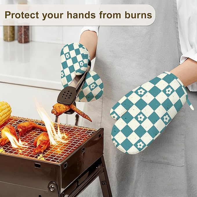 Vintage Groovy Checkered Oven Mitts and Pot Holders Sets of 4, Heat Resistant Flower Silicone Oven Mitts Gloves Non-Slip Kitchen Mittens Potholders for Cooking Baking Grilling BBQ