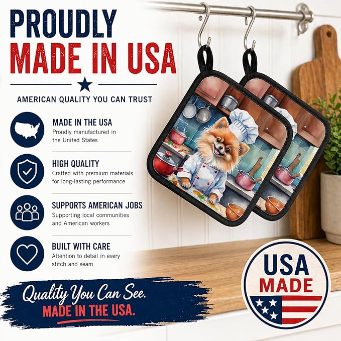 Caroline's Treasures Pomeranian The Chef Pair of Pot Holders Kitchen Heat Resistant Pot Holders Sets Oven Hot Pads for Cooking Baking BBQ, 7 1/2 x 7 1/2