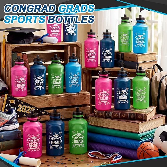 Meanplan 16 Pack Congrats Grad Sports Water Bottles Bulk 17 OZ Graduation Squeeze Plastic Reusable Water Bottles Canteen for Women Men College Graduation Gifts Class of 2026 Party Supplies