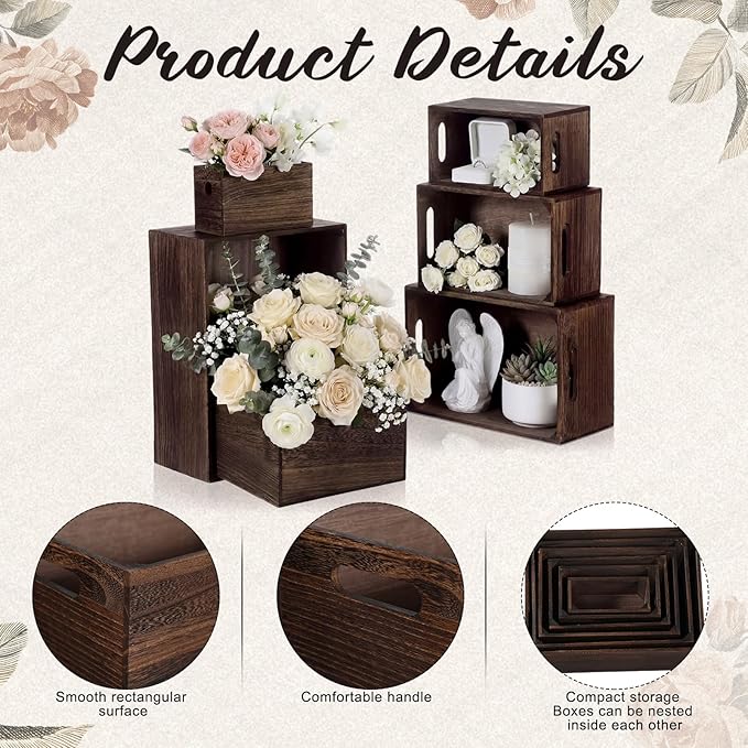 AceOrbit Set of 6 Wood Crates with Handles, Rustic Decorative Storage Boxes Distressed Wooden Nesting Display Baskets for Farmhouse, Wedding, Party Storage Display Supplies (Dark Brown)