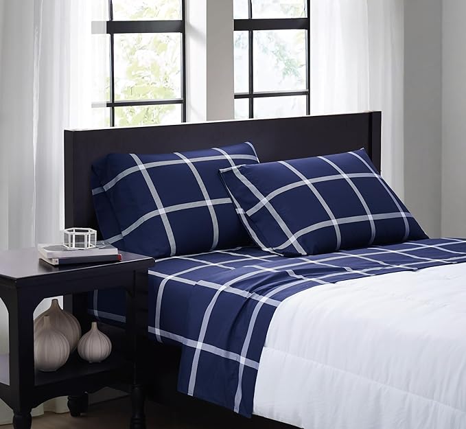 TRULY SOFT Printed Windowpane White and Navy Polyester 4-Piece Full Sheet Set, Geometric Themed, for Men and Women, Oeko-TEX Certified Confidence
