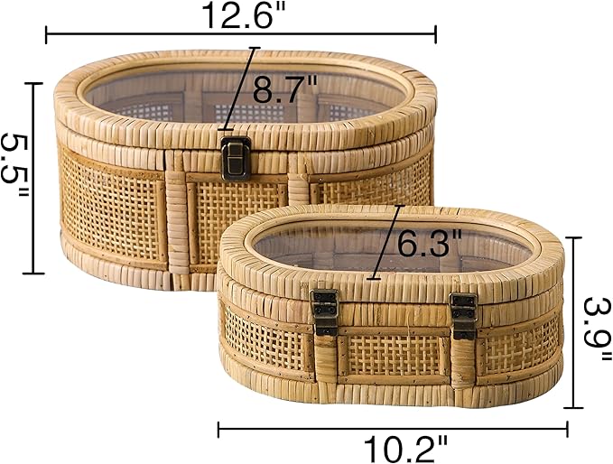 SOFE Oval Rattan Boxes with Glass Lid Set of 2, Farmhouse Stacking Decorative Boxes for Home Decor Organizers, Handwoven Boho Storage Bins, Thanksgiving, Christmas, Housewarming Gifts