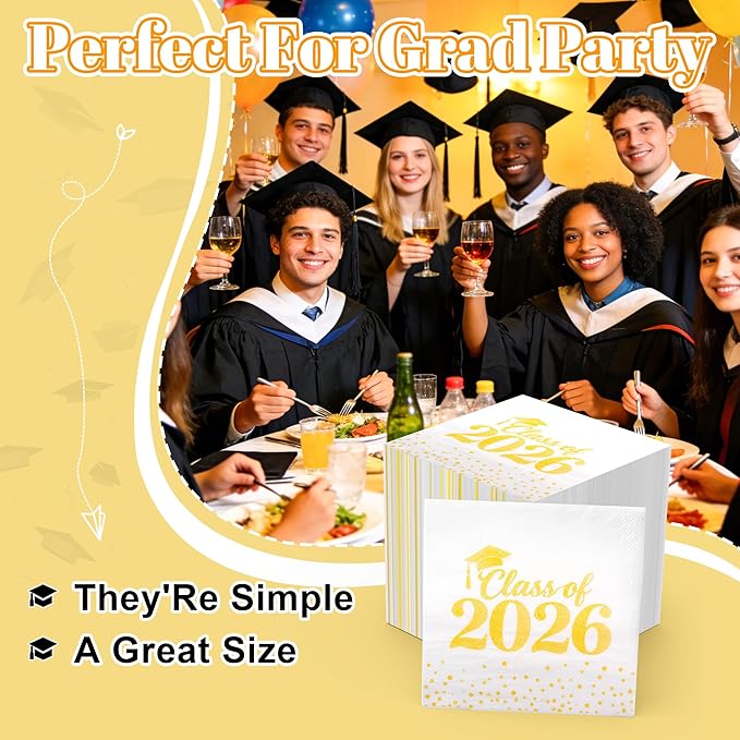 Graduation Napkins - Class of 2026 Napkins Disposable Paper Napkins Congrats Grad Cocktail Napkins Graduation Decorations 2026 Gold Napkins Hand Towels for College Graduation Party Decorations 100 Pcs