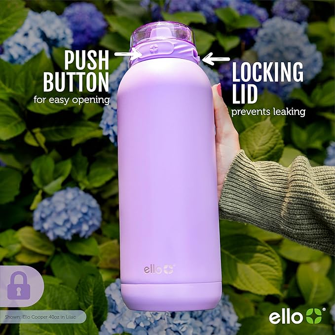 Ello Cooper 40oz Stainless Steel Water Bottle with Straw and Carry Handle, Double Walled and Vacuum Insulated Metal, Leak Proof Locking Lid with Soft Silicone Spout, Reusable, BPA Free, White Marble