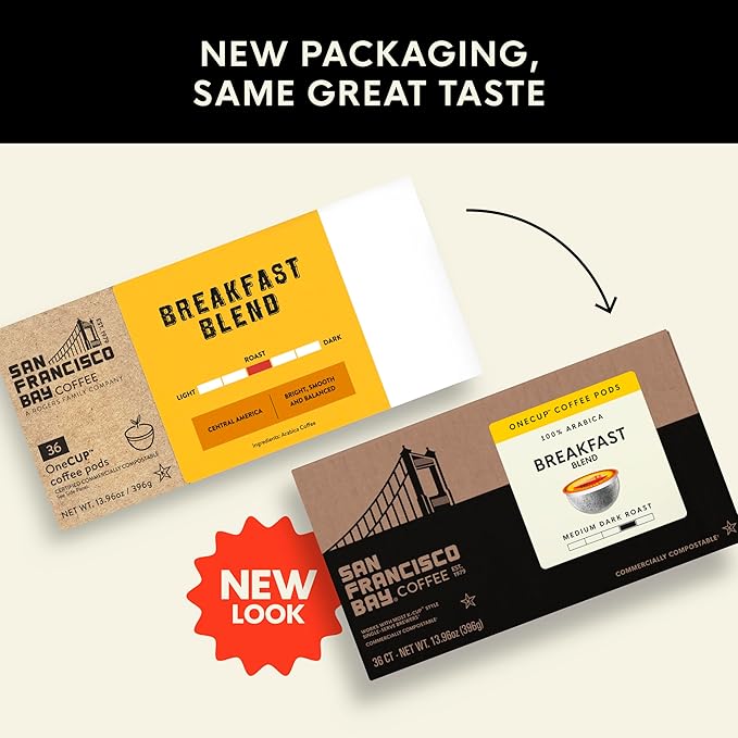 San Francisco Bay K-Cup Coffee Pods, Breakfast Blend (36 ct), Medium Roast, Commercially Compostable Single-Serve Coffee Pods